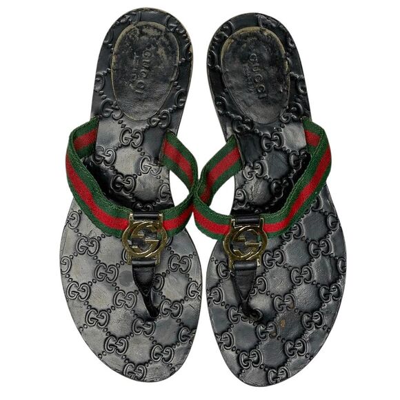 Gucci GG Web Stripe Thong Sandals EU 38.5 US 8.5 Black Flip Flop Slide Flat Heel - Picture 3 of 10
